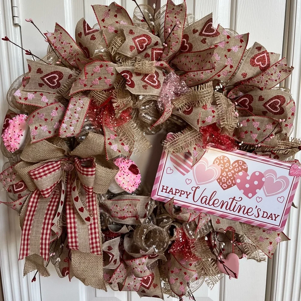 HUGE Valentines Day Wreath 28” Burlap Farmhouse Rustic Pink Red Hearts XLARGE